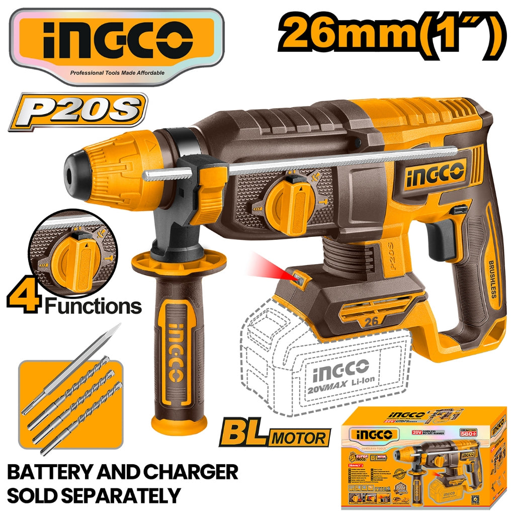 Ingco  P20S/20V Cordless 4 Functions Rotary Hammer 26mm (1") CRHLI20268 ING-HT
