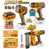 Ingco P20S/20V 3PCS Combo Kit with Lithium-Ion Cordless Heat Gun, Brad Nailer & Work Lamp