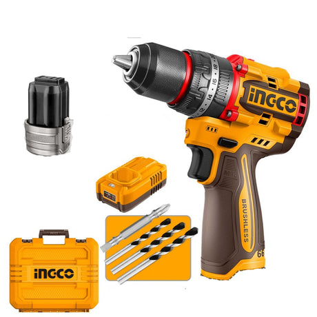 INGCO cordless drill kit with battery, charger, drill bits, and carrying case