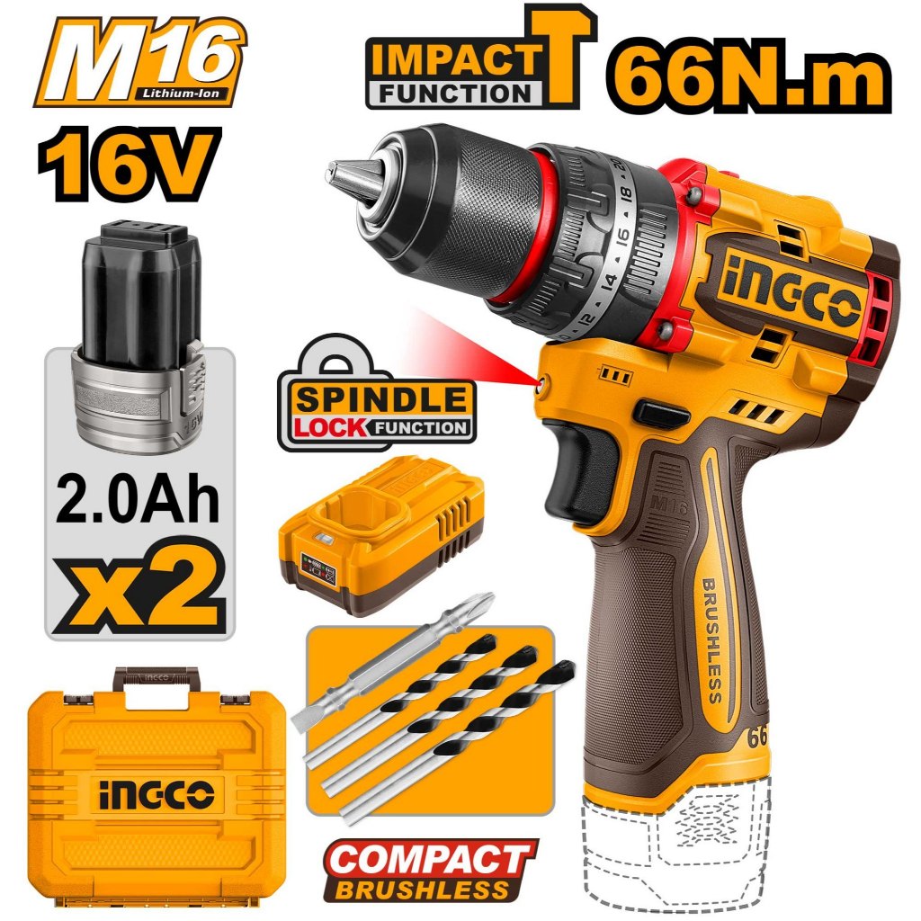 INGCO cordless drill kit with battery, charger, drill bits, and carrying case
