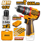 INGCO cordless drill kit with battery, charger, drill bits, and carrying case