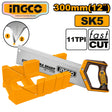 INGCO 300mm (12") hand saw and miter box set, featuring an SK5 steel blade with 11 TPI for fast cutting, shown with an orange plastic cutting guide and a close-up detail of the ultra-sharp teeth