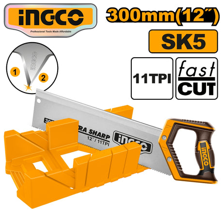 INGCO 300mm (12") hand saw and miter box set, featuring an SK5 steel blade with 11 TPI for fast cutting, shown with an orange plastic cutting guide and a close-up detail of the ultra-sharp teeth