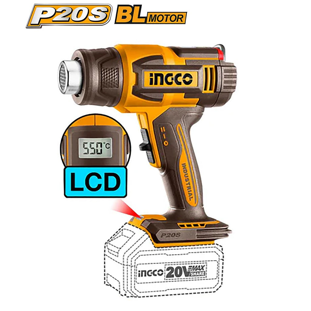 Ingco P20S/20V 3PCS Combo Kit with Lithium-Ion Cordless Heat Gun, Brad Nailer & Work Lamp