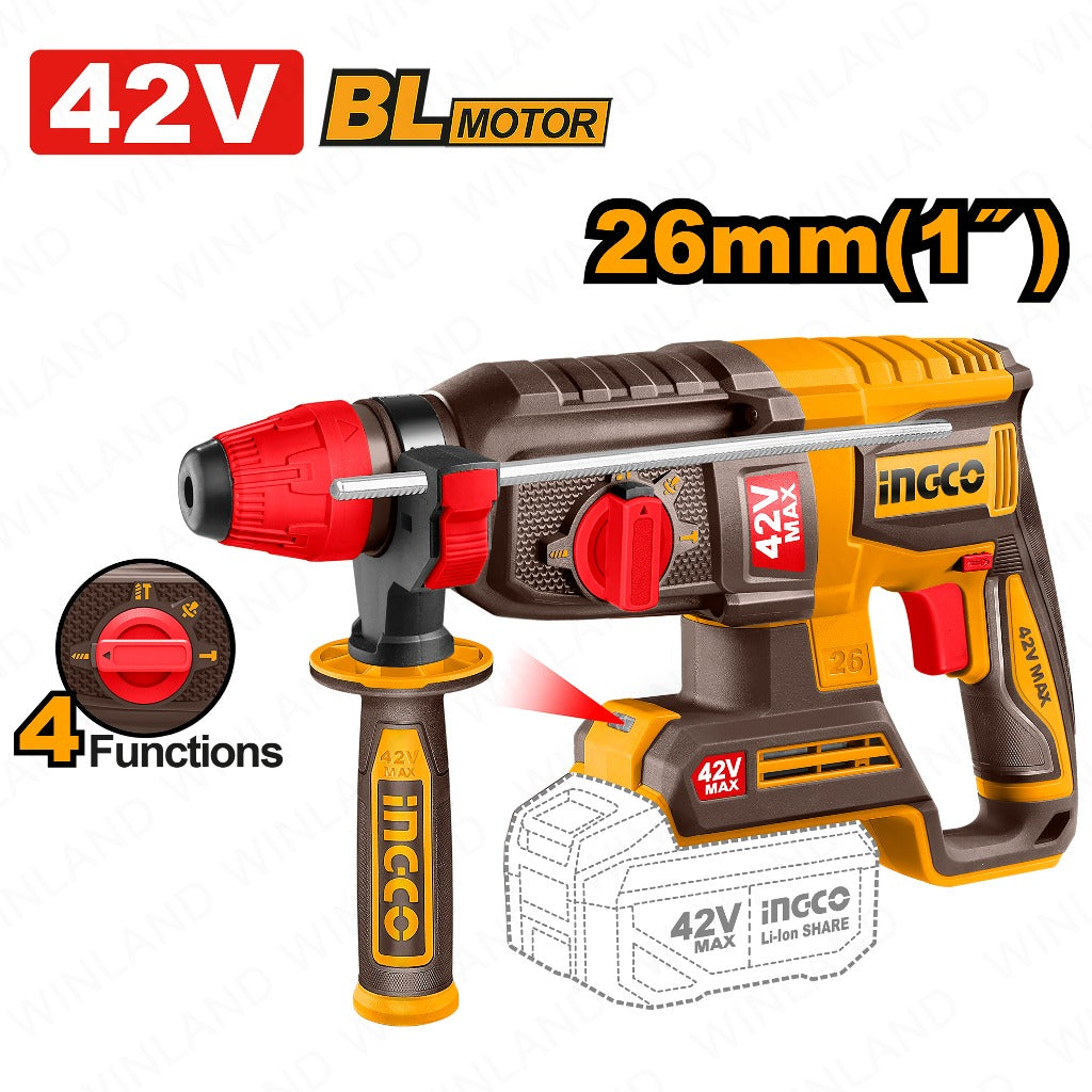 Ingco 42V/26mm(1inch) Lithium-Ion Cordless Rotary Hammer CRHLI422682 ING-CT