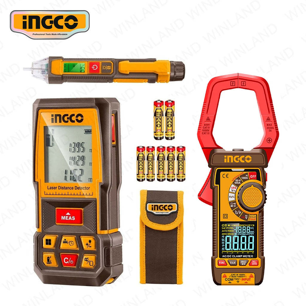 Ingco 3PCS Combo Kit Laser Distance Detector with Laser & DC/AC Clamp Meter HLDD241202