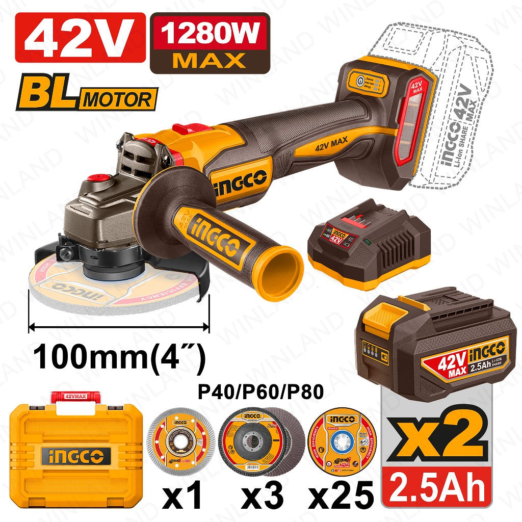 Ingco by Winland 42V/1280W Brushless Motor Lithium-Ion Cordless Angle Grinder CAGLI4128102 ING-CT