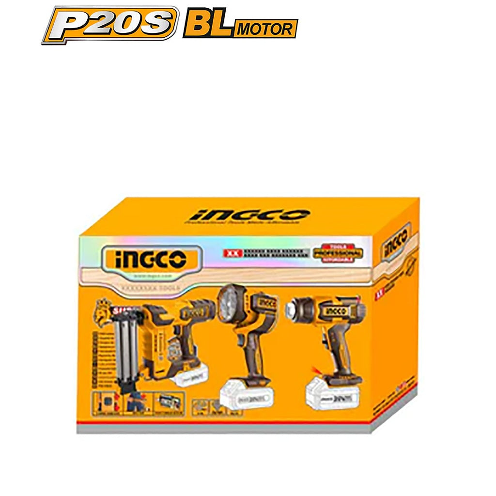 Ingco P20S/20V 3PCS Combo Kit with Lithium-Ion Cordless Heat Gun, Brad Nailer & Work Lamp