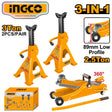 INGCO 3-in-1 automotive lifting kit featuring a pair of 3-Ton yellow jack stands and a 2.5-Ton low profile (89mm) hydraulic floor jack, shown with the product packaging box