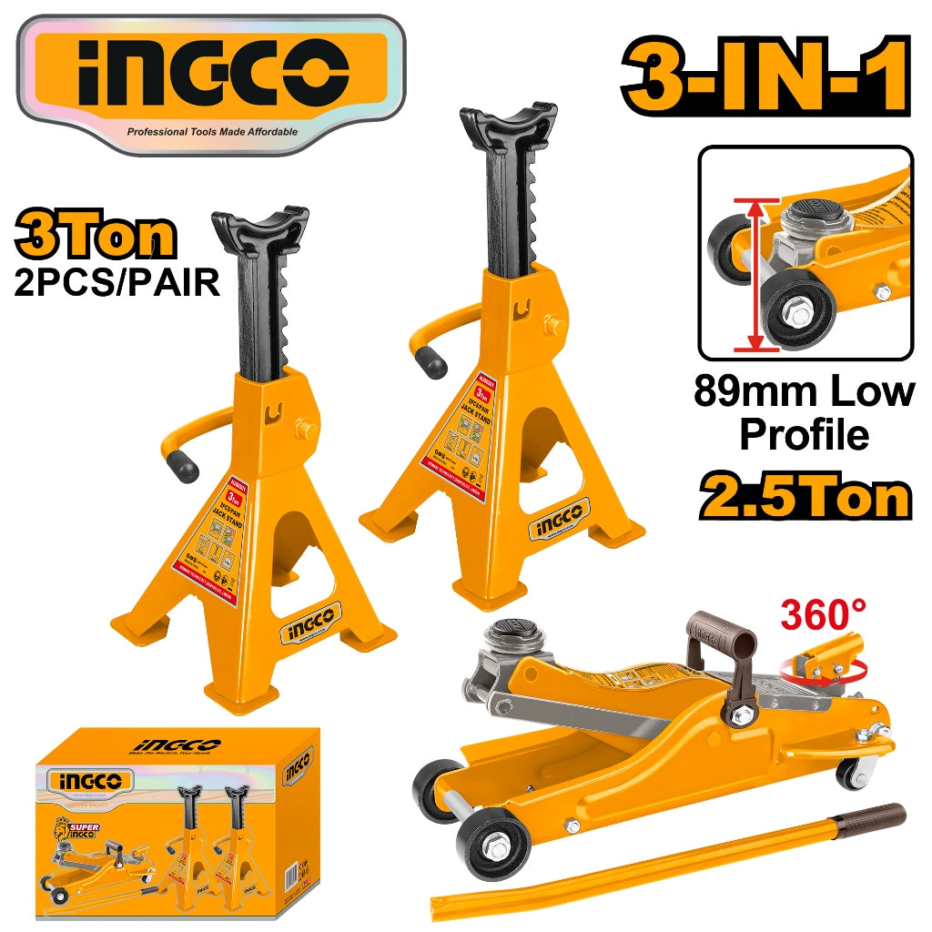 INGCO 3-in-1 automotive lifting kit featuring a pair of 3-Ton yellow jack stands and a 2.5-Ton low profile (89mm) hydraulic floor jack, shown with the product packaging box