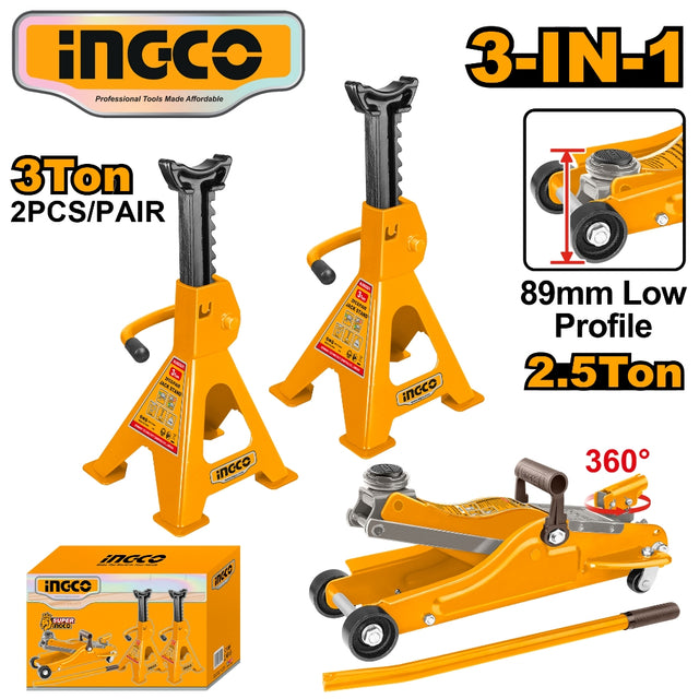 INGCO 3-in-1 automotive lifting kit featuring a pair of 3-Ton yellow jack stands and a 2.5-Ton low profile (89mm) hydraulic floor jack, shown with the product packaging box
