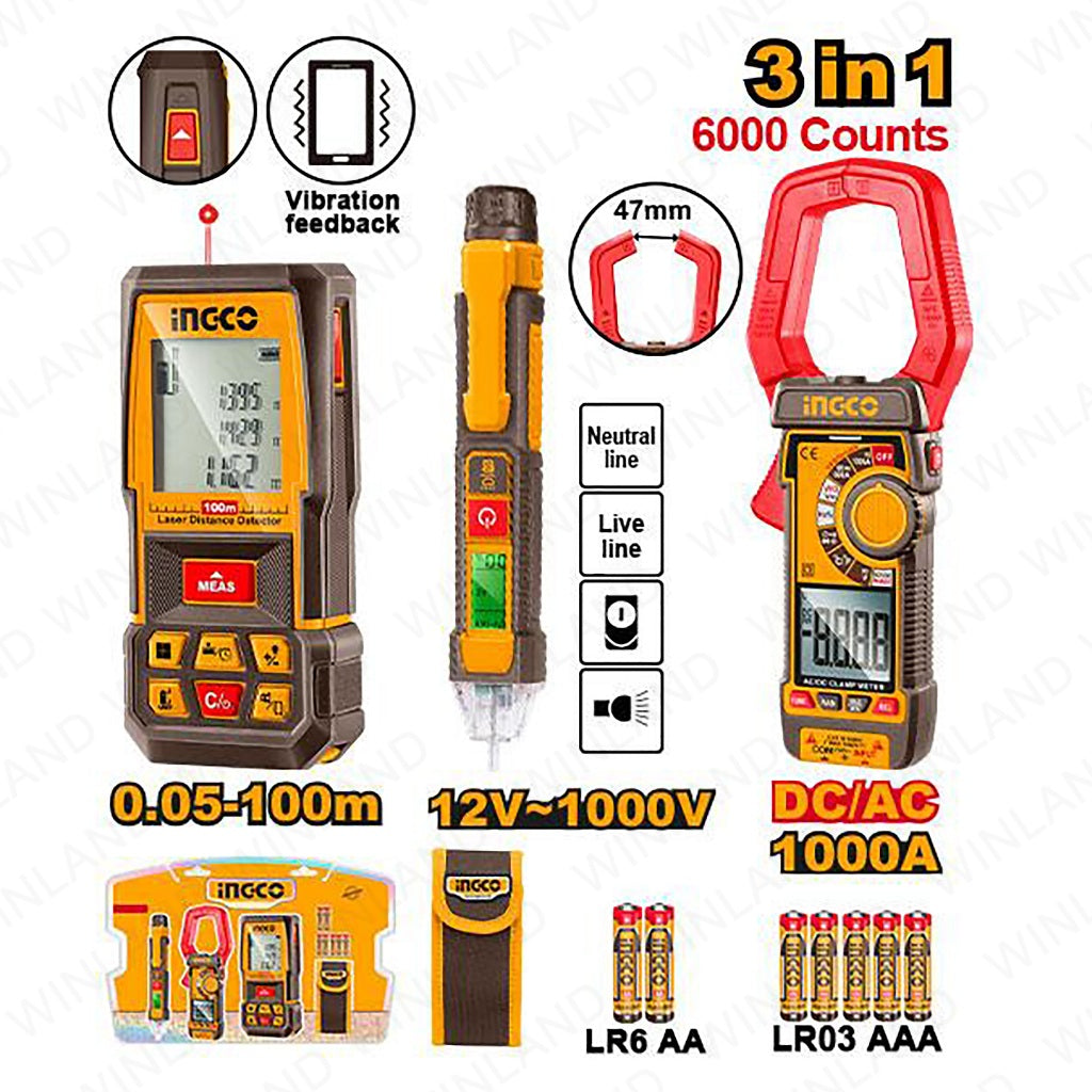 Ingco 3PCS Combo Kit Laser Distance Detector with Laser & DC/AC Clamp Meter HLDD241202