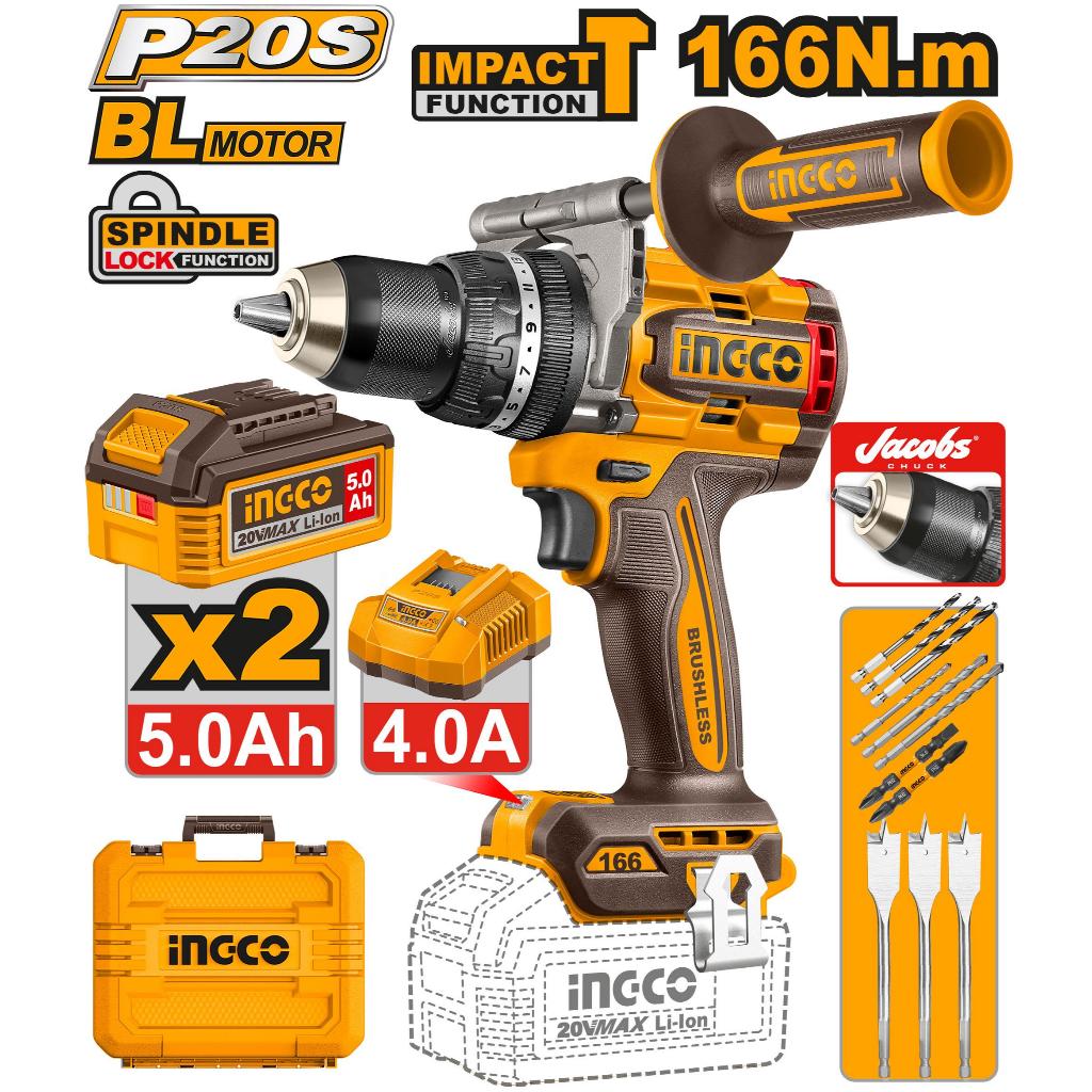 INGCO brushless cordless hammer drill kit with battery, charger, drill bits, and carrying case