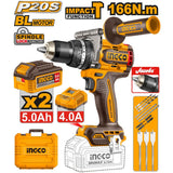 INGCO brushless cordless hammer drill kit with battery, charger, drill bits, and carrying case