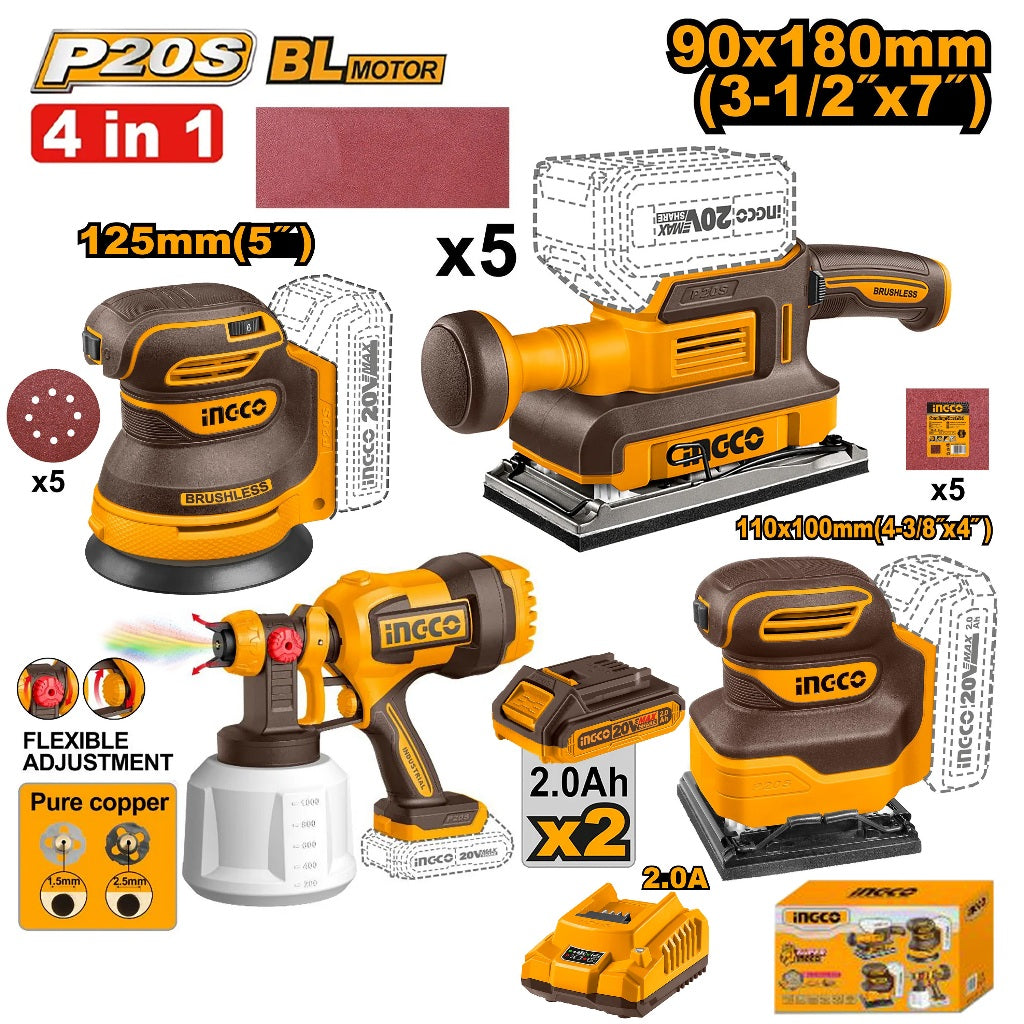 Ingco P20S/20V Lithium-Ion Cordless 4PCS Combo Kit COSLI250383 ING-CT