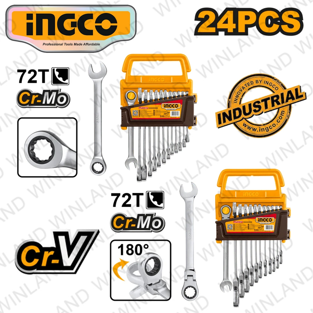 Ingco Industrial Ratchet Spanner Set Size 8-19mm HKSPAR2024 ING-HT