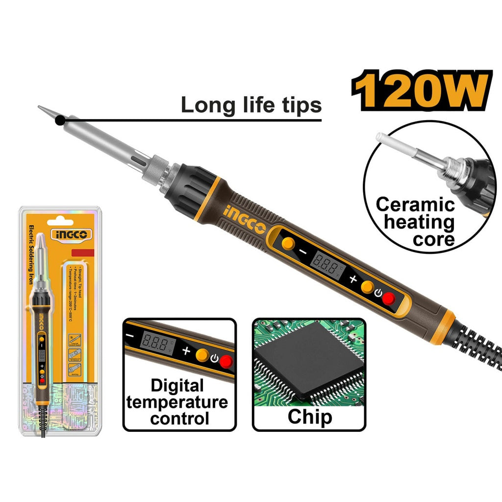 INGCO 120W soldering iron with digital temperature control and ceramic heating core
