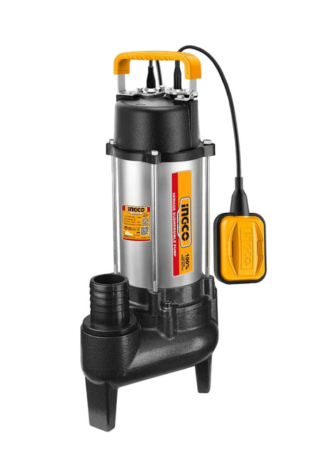 INGCO 750W (1.0HP) submersible water pump with stainless steel body, 220-240V 60Hz, featuring 2-inch outlet and 100% copper wire motor, black and silver design with orange float switch