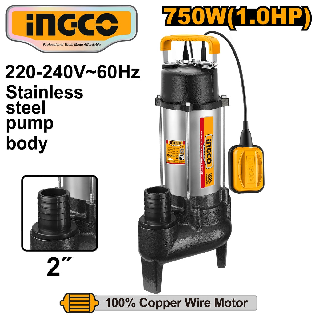 Ingco Sewage Submersible Water Pump for Dirty Water 750W 1HP SPDS75068-5 ING-PT