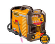 INGCO 200A professional inverter welding machine, yellow and black casing, featuring AC/DC TIG and MMA modes, LED display, IGBT technology, 220-240V input, shown with welding torch and ground clamp cables