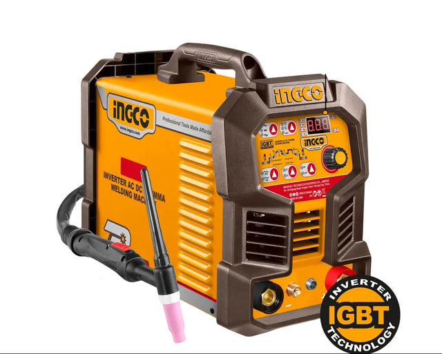 INGCO 200A professional inverter welding machine, yellow and black casing, featuring AC/DC TIG and MMA modes, LED display, IGBT technology, 220-240V input, shown with welding torch and ground clamp cables