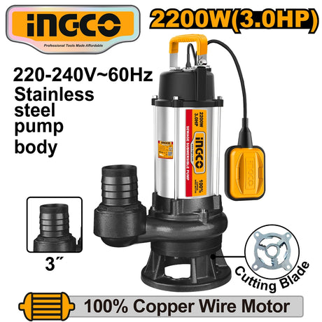 INGCO 2200W (3.0HP) submersible grinder pump with stainless steel body, 220-240V 60Hz, featuring a cutting blade, 3-inch outlet, and 100% copper wire motor, black and silver design with yellow float switch