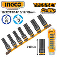 INGCO 7-piece Cr-Mo impact socket set, sizes 10/12/13/14/15/17/19mm, 1/2-inch drive, 6-point deep sockets arranged on a yellow rail, showing 78mm length and retail packaging