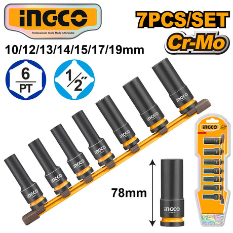 INGCO 7-piece Cr-Mo impact socket set, sizes 10/12/13/14/15/17/19mm, 1/2-inch drive, 6-point deep sockets arranged on a yellow rail, showing 78mm length and retail packaging