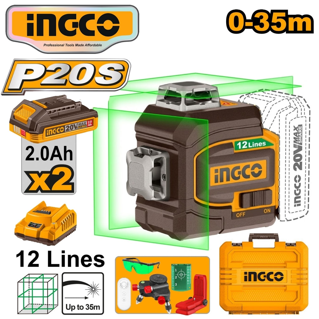 Ingco P20S/20V Lithium-Ion Cordless 3D Laser Level Green Laser Level Range: 0~35m ING-CT