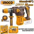 INGCO P20S cordless rotary hammer drill, yellow and black, featuring a brushless motor (BL Motor), 28mm (1-1/8") drilling capacity, and 3 functions. The image displays the drill with a side handle, a carrying case, and an accessory kit, with a note that the battery and charger are sold separately