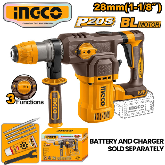 INGCO P20S cordless rotary hammer drill, yellow and black, featuring a brushless motor (BL Motor), 28mm (1-1/8") drilling capacity, and 3 functions. The image displays the drill with a side handle, a carrying case, and an accessory kit, with a note that the battery and charger are sold separately