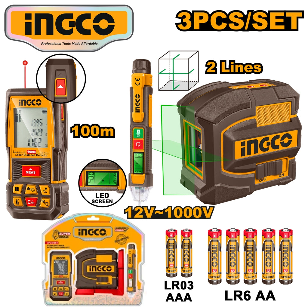 Ingco by Winland 3pcs Combo kit Laser level/distance detector & voltage detector COS260203 - ING-HT