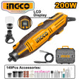 INGCO 200W rotary tool with LCD display, yellow and black body, shown with a stand, flexible shaft attachment, carrying case, and a 149-piece accessory kit featuring grinding stones, cutting discs, sanding drums, and polishing bits
