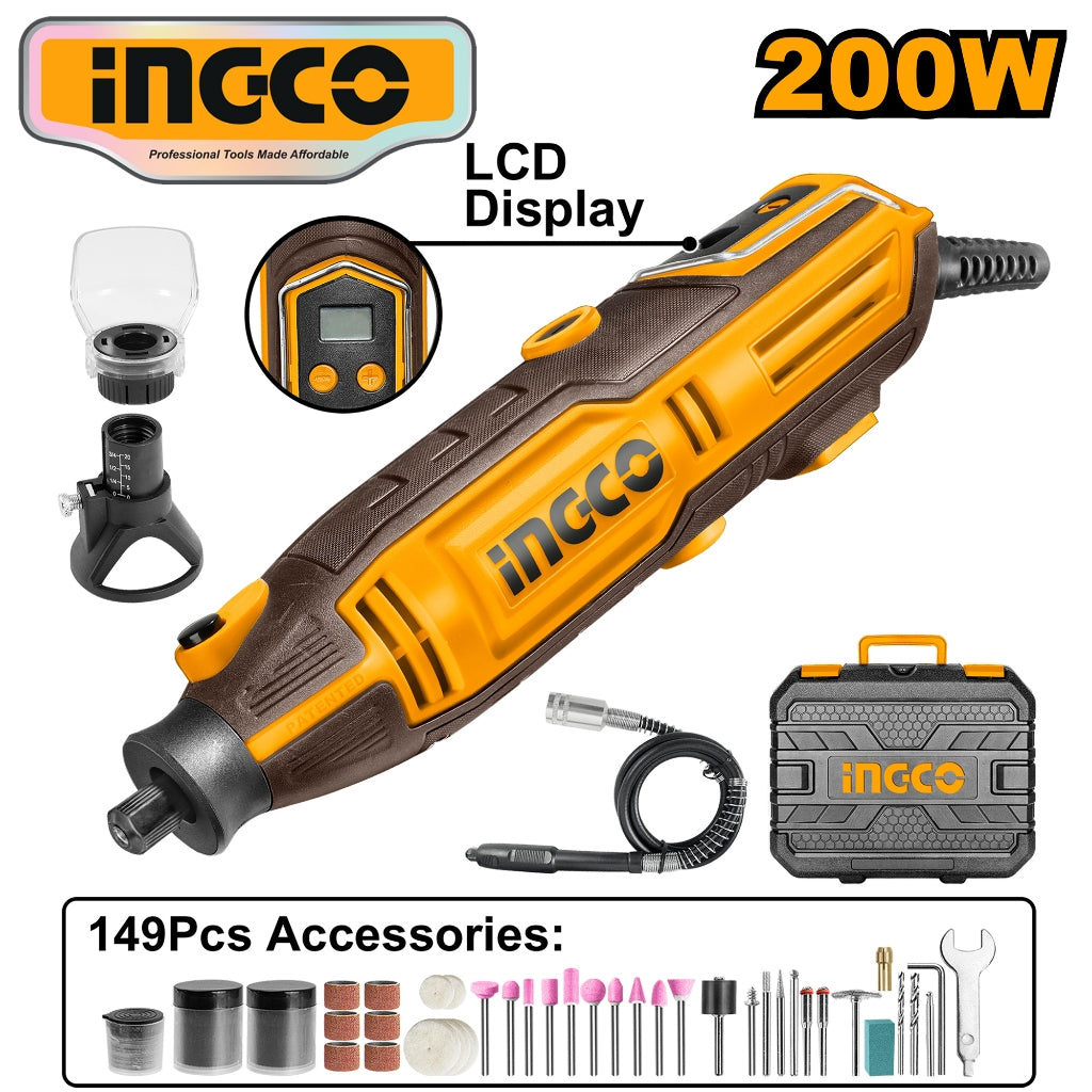 INGCO 200W rotary tool with LCD display, yellow and black body, shown with a stand, flexible shaft attachment, carrying case, and a 149-piece accessory kit featuring grinding stones, cutting discs, sanding drums, and polishing bits