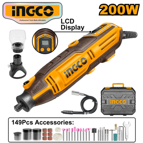 INGCO 200W rotary tool with LCD display, yellow and black body, shown with a stand, flexible shaft attachment, carrying case, and a 149-piece accessory kit featuring grinding stones, cutting discs, sanding drums, and polishing bits