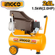 INGCO 24L air compressor with 1.5kW (2.0HP) motor, featuring a yellow tank, brown motor housing, pressure gauge, and portable wheeled design