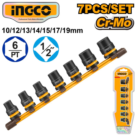 INGCO 7-piece socket set, Cr-Mo (Chrome-Molybdenum steel), sizes 10/12/13/14/15/17/19mm, 6-point, 1/2-inch drive, black sockets on yellow storage rail with plastic organizer case