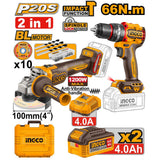 Ingco 2pcs Cordless Combo Kit 20V Cordless Grinder and Cordless Impact Drill CKLI2025610 (ICO)