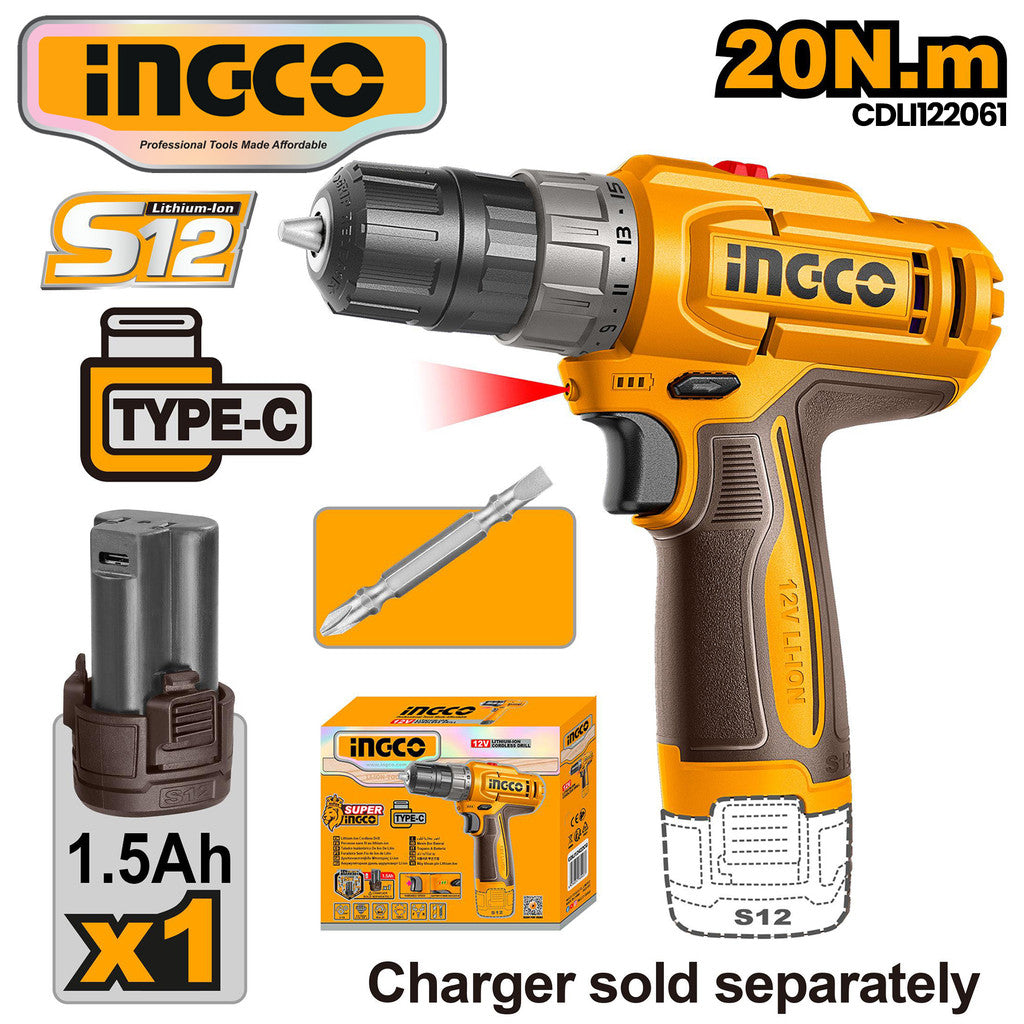 Ingco Lithium-Ion S12 Cordless Drill 12V 20N.m with Battery ING-CT